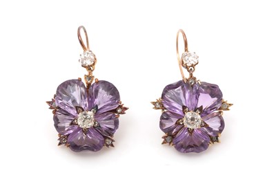 Lot 505 - A pair of Victorian amethyst and diamond floral earrings
