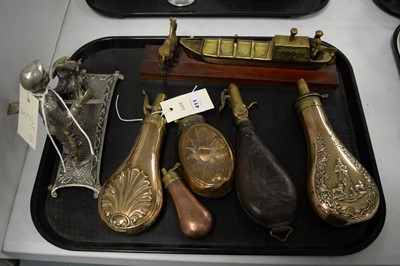 Lot 411 - A selection of copper, brass and leather powder flasks and other items.