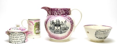 Lot 789 - Sunderland jug, jar and cover, frog mug, bowl.