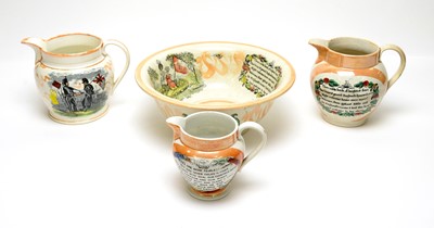 Lot 795 - Three Sunderland Orange lustre jugs and a small basin
