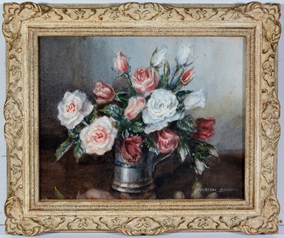 Lot 85 - Marion Broom RWS - Still Life with Garden Roses and Pewter Tankard | watercolour