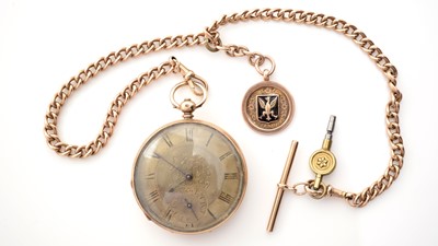 Lot 573 - A 14ct yellow gold cased open-faced pocket watch, and 9ct gold albert chain