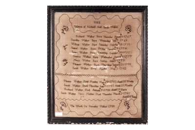 Lot 944 - 'The Children of Richard and Sarah Walker' - George III needlework sampler