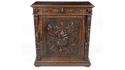 Lot 1310 - A richly carved Victorian oak side/pier cabinet with a sporting theme.
