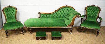 Lot 9 - Victorian three-piece salon suite; and two Edwardian footstools.