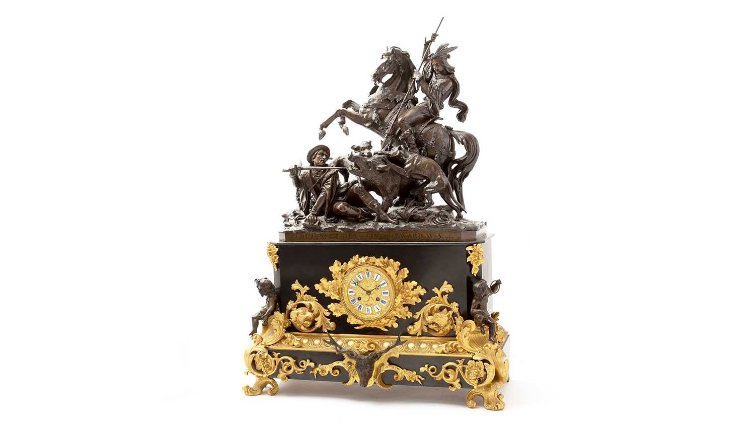 Lot 1142 - Raingo Freres: a large and impressive black slate, gilt and bronze mantel clock.