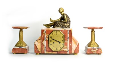 Lot 1157 - F. Marti: an Art Deco marble and gilt metal clock garniture.