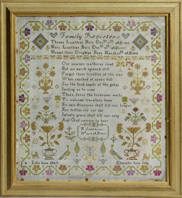 Lot 803 - A Victorian family record or genealogy needlework sampler by Hannah Lowthian