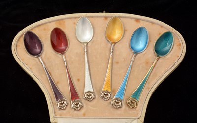 Lot 112 - A cased set of six enamel silver teaspoons, by David Andersen
