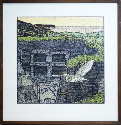 Lot 490 - Anthony Ratcliffe - Barn Owl in Flight | woodcut