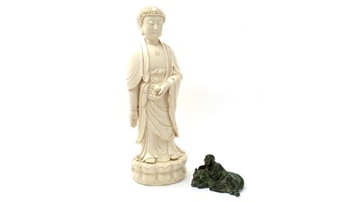 Lot 649 - Large blanc de chine style figure Buddha, Bronzed figure and tiger