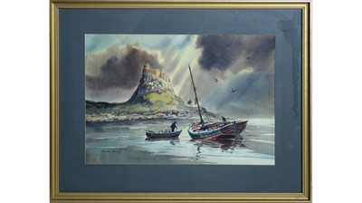 Lot 38 - Ronald Lambert Moore - Crepuscular Rays over Lindisfarne Castle | watercolour