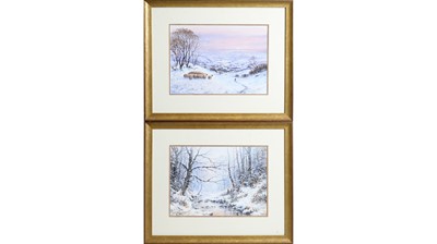 Lot 789 - Joe Hush - Crisp Winters Eve with Crimson Sunset, and Deer Gathered by a Frozen River | acrylic