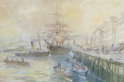 Lot 822 - Peter Knox - Coming Alongside, depicting a bustling Newcastle Quayside | watercolour