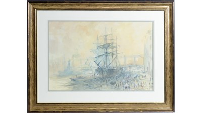 Lot 739 - Peter Knox - Banque at the Quayside with Newcastle High Level Bridge | watercolour