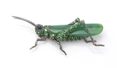 Lot 459 - A fine jade, tsavorite garnet and sapphire grasshopper brooch
