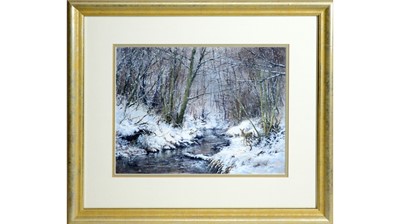 Lot 791 - Joe Hush - Snow Dusted River and Solitary Doe | acrylic