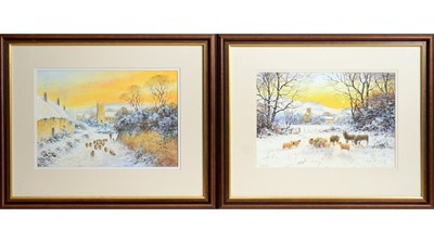 Lot 282 - Joe Hush - Snowy Golden Hour Wintertime Views; with donkeys and sheep | acrylic