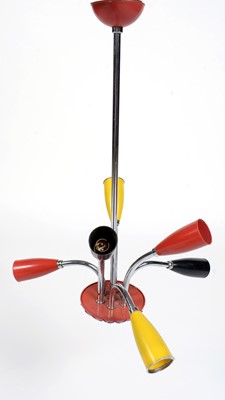 Lot 398 - A mid Century Sputnik Atomic chromed metal and plastic six-light chandelier.