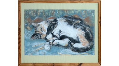 Lot 69 - In the manner of Elizabeth Blackadder - Slumbering Tabby Cat | pastel