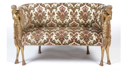 Lot 1347 - A Venetian style giltwood and brocade two-seater settee,.