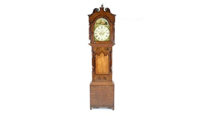 Lot 1214 - Matthews, Oswestry: a Victorian inlaid oak and mahogany banded longcase clock.