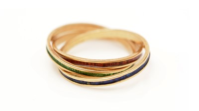 Lot 484 - An 18ct yellow gold and red, green and blue enamel ring