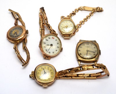 Lot 121 - Five 9ct yellow gold cocktail watches