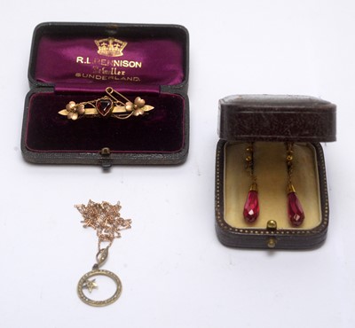 Lot 123 - gold brooch, pendant and earrings.