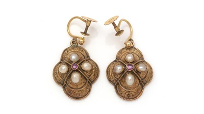 Lot 344 - A pair of Victorian 9ct yellow gold, ruby and pearl earrings