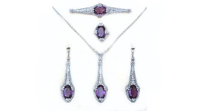 Lot 406 - A belle epoque style purple paste and marcasite parure