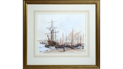 Lot 36 - Peter Knox - Vessels Near the Bridge | watercolour