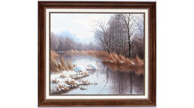 Lot 801 - 20th Century British - Winter Swans | oil