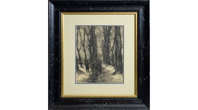 Lot 53 - 19th Century Continental School - Horseback Riding Through a Frozen Forest | charcoal