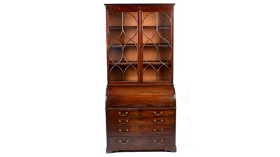 Lot 1155 - Georgian mahogany cylinder bureau bookcase
