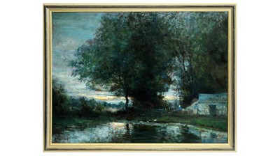 Lot 704 - John Falconar Slater - Twilit Farmstead with Reflective Duck Pond | oil