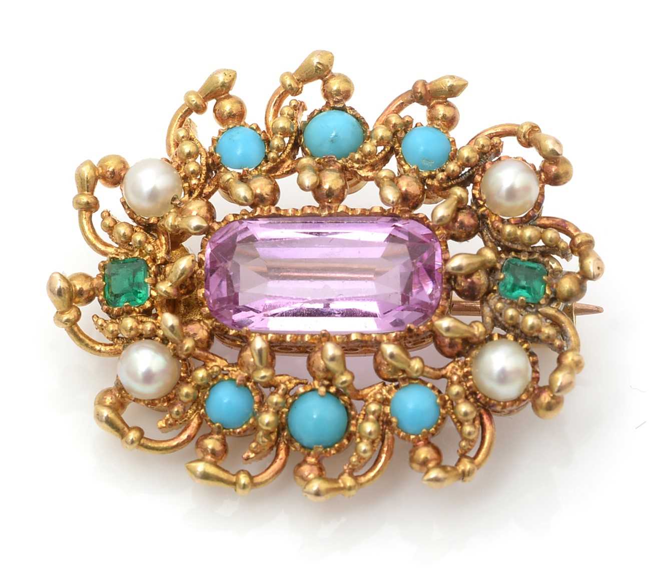 Lot 484 - A Victorian tourmaline, turquoise, pearl and emerald brooch