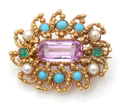 Lot 484 - A Victorian tourmaline, turquoise, pearl and emerald brooch