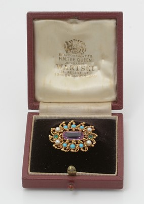 Lot 484 - A Victorian tourmaline, turquoise, pearl and emerald brooch