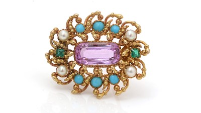 Lot 484 - A Victorian tourmaline, turquoise, pearl and emerald brooch