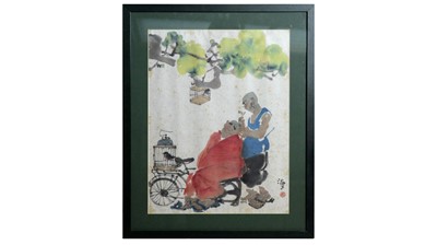 Lot 733 - Ma Haifang - Figures and Caged Birds Below the Blossom Trees