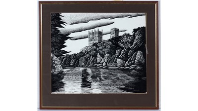 Lot 758 - Robert Maddison - Durham Cathedral and the River Wear | oil