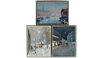 Lot 721 - 20th Century French School - A 1930s city illuminated at night | watercolour