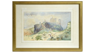 Lot 622 - Andrew James Sticks - A Stick Gatherer Approaching Bamburgh Castle | watercolour