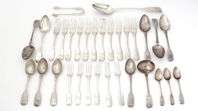 Lot 26 - Mixed antique silver fiddle pattern flatware.