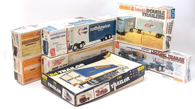 Lot 73 - Matchbox, AMT and Heller model constructor kits, all trailers with branding