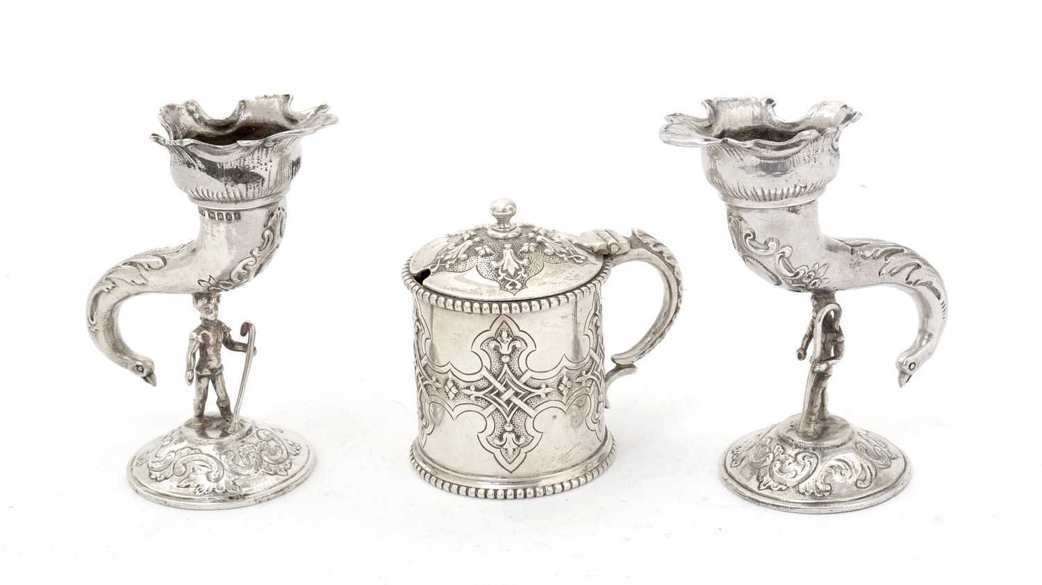 Lot 140 - A pair of late 19th C Continental vases; and a small Victorian mustard pot.