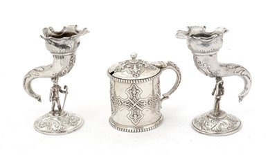 Lot 140 - A pair of late 19th C Continental vases; and a small Victorian mustard pot.