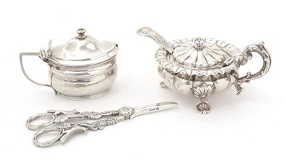 Lot 171 - Two silver mustard pots, one with spoon; and a pair of grape shears, varying dates.