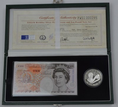 Lot 841 - Bank of England and Royal Mint: Ten Pounds note and Silver Crown Set